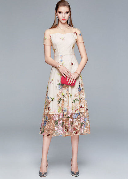 New Apricot O-neck Embroideried Patchwork Tulle Long Dress Summer