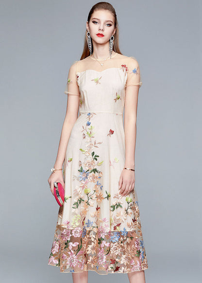 New Apricot O-neck Embroideried Patchwork Tulle Long Dress Summer