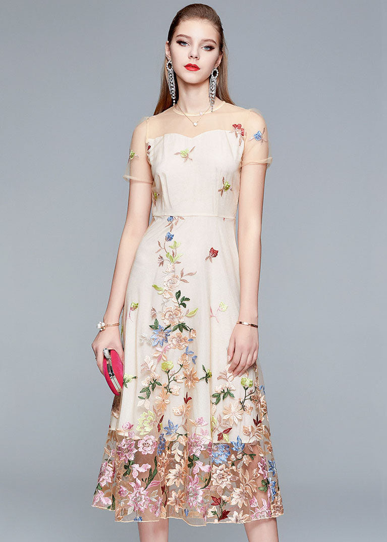 New Apricot O-neck Embroideried Patchwork Tulle Long Dress Summer