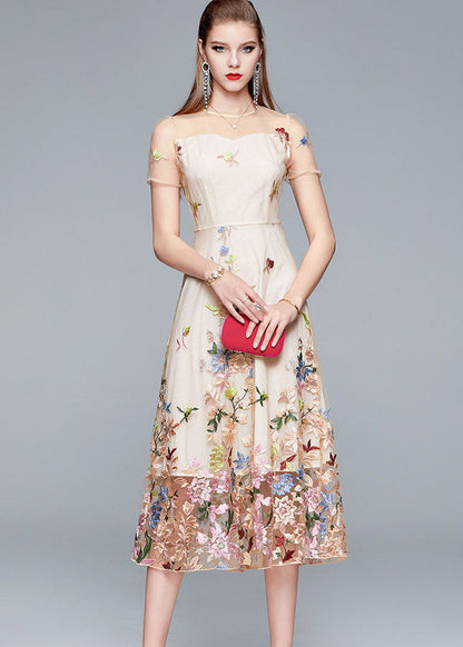 New Apricot O-neck Embroideried Patchwork Tulle Long Dress Summer