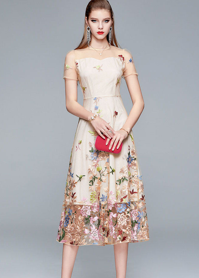 New Apricot O-neck Embroideried Patchwork Tulle Long Dress Summer