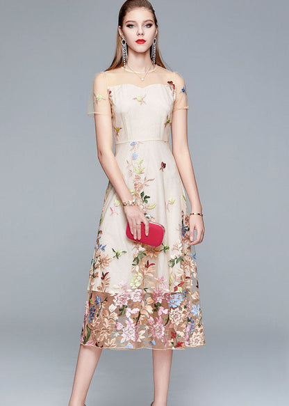 New Apricot O-neck Embroideried Patchwork Tulle Long Dress Summer