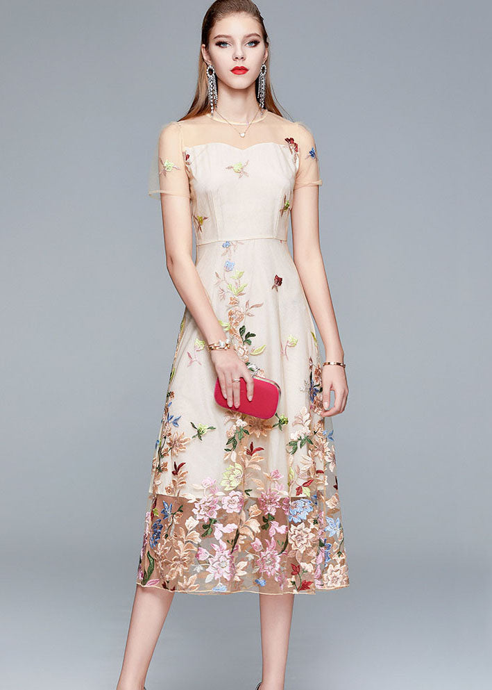 New Apricot O-neck Embroideried Patchwork Tulle Long Dress Summer