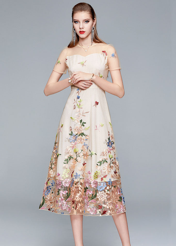 New Apricot O-neck Embroideried Patchwork Tulle Long Dress Summer