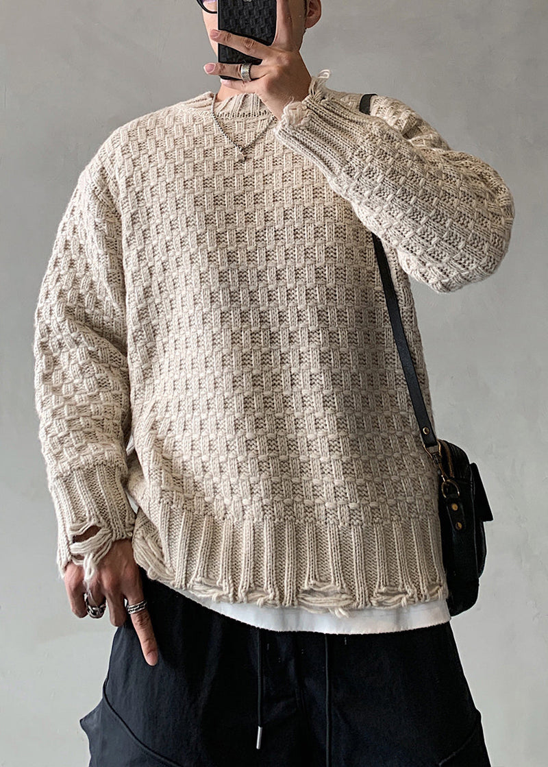 New Apricot O Neck Plaid Hole Knit Sweaters Spring