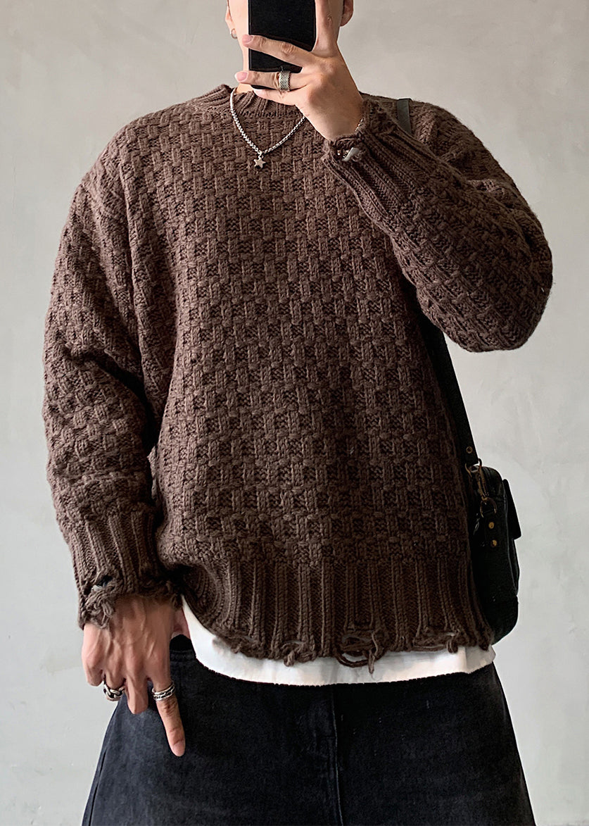 New Apricot O Neck Plaid Hole Knit Sweaters Spring