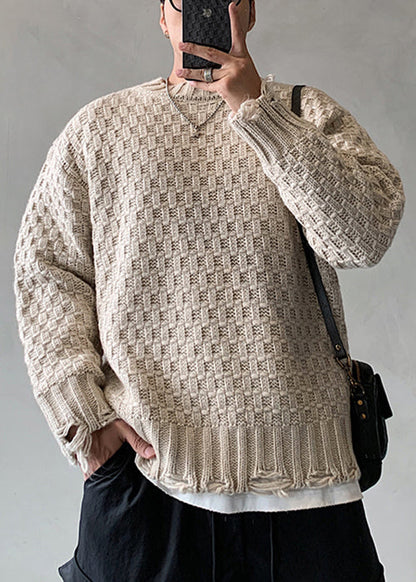 New Apricot O Neck Plaid Hole Knit Sweaters Spring
