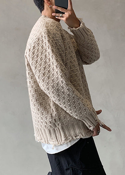 New Apricot O Neck Plaid Hole Knit Sweaters Spring