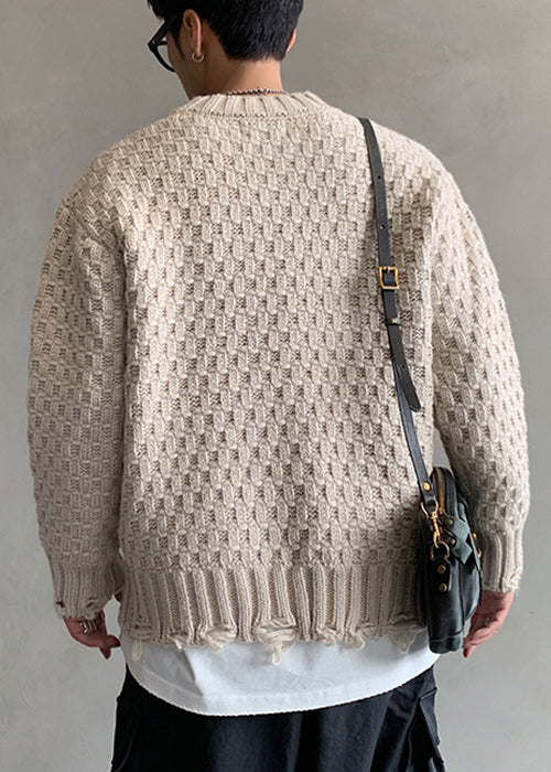 New Apricot O Neck Plaid Hole Knit Sweaters Spring