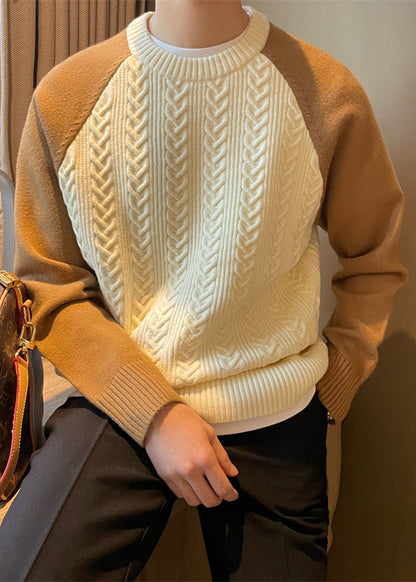 New Apricot O-neck Thick Patchwork Cable Knit Sweaters Fall