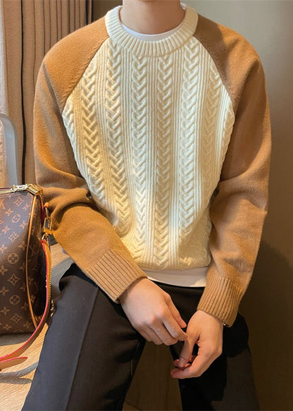 New Apricot O-neck Thick Patchwork Cable Knit Sweaters Fall