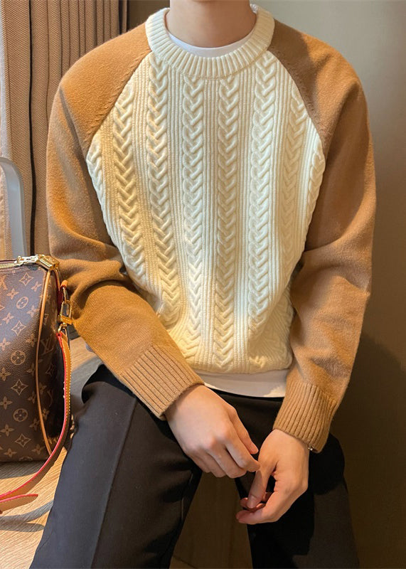 New Apricot O-neck Thick Patchwork Cable Knit Sweaters Fall