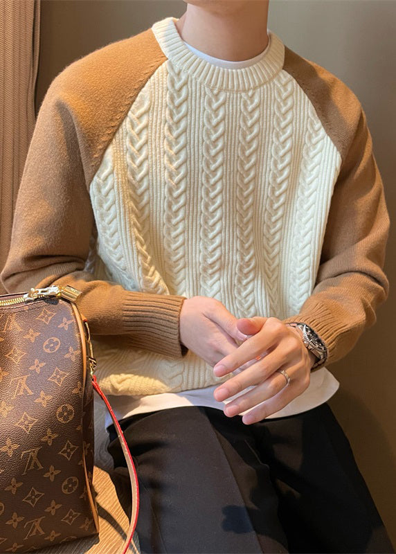New Apricot O-neck Thick Patchwork Cable Knit Sweaters Fall