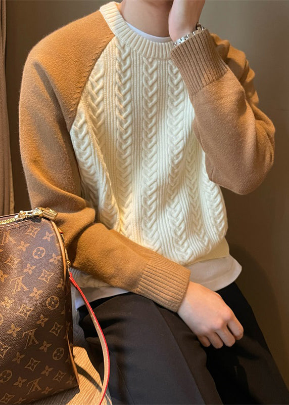 New Apricot O-neck Thick Patchwork Cable Knit Sweaters Fall