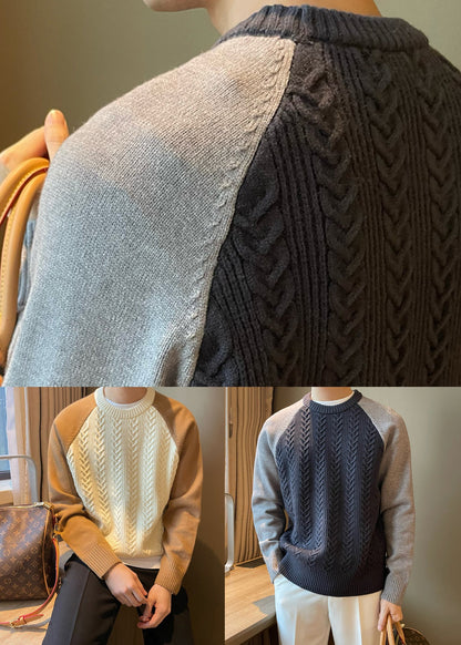 New Apricot O-neck Thick Patchwork Cable Knit Sweaters Fall