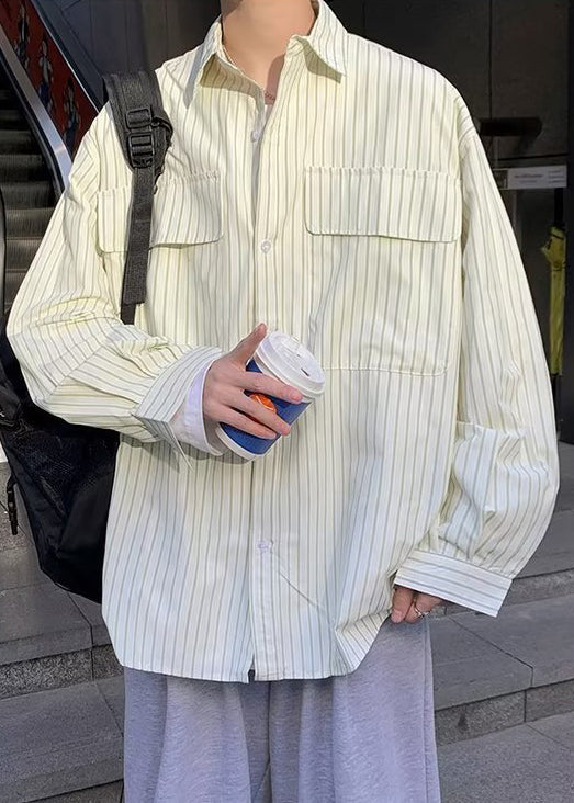 New Apricot Peter Pan Collar Striped Button Cotton Shirts Mens Spring