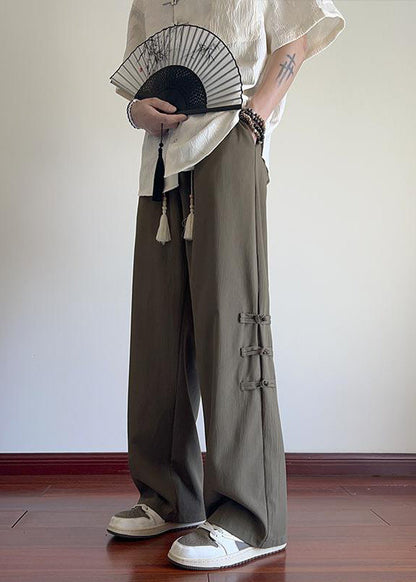 New Apricot Pockets Chinese Button Ice Silk Pants Summer
