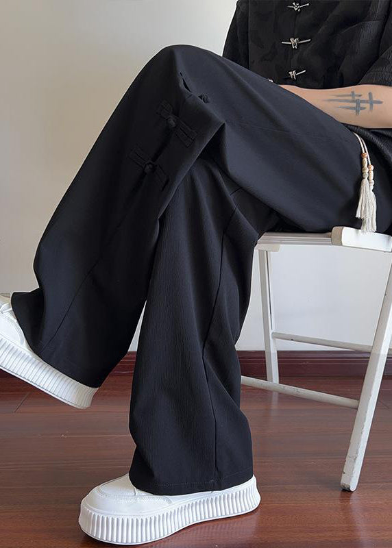 New Apricot Pockets Chinese Button Ice Silk Pants Summer
