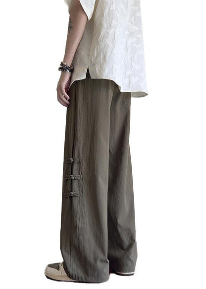 New Apricot Pockets Chinese Button Ice Silk Pants Summer