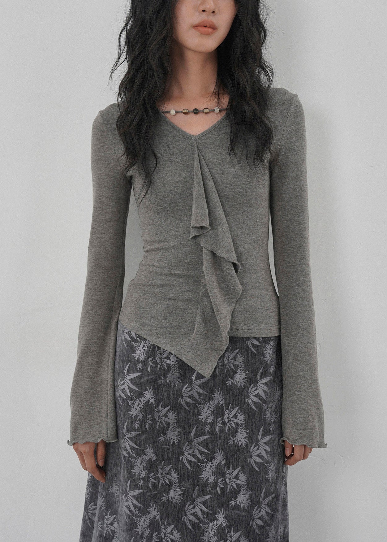 New Apricot Ruffled Asymmetrical Design Cotton T Shirts Spring
