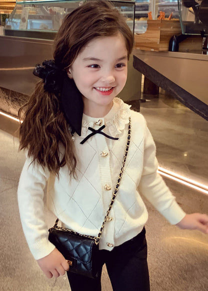 New Apricot Ruffled Patchwork Bow Cotton Knit Kids Cardigans Spring