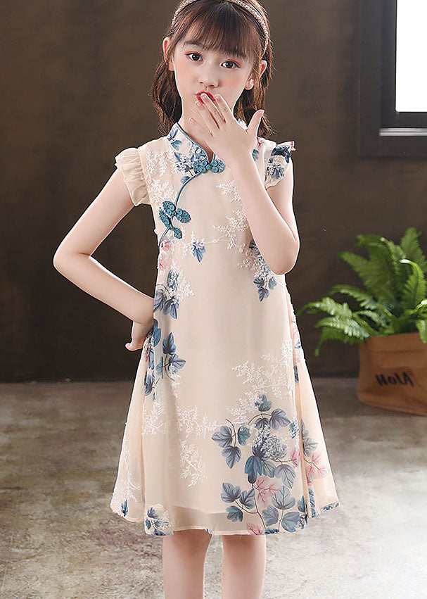 New Apricot Ruffled Print Chinese Button Patchwork Chiffon Baby Dresses Summer