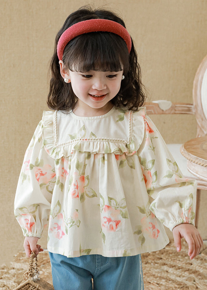 New Apricot Ruffled Print Cotton Top Long Sleeve