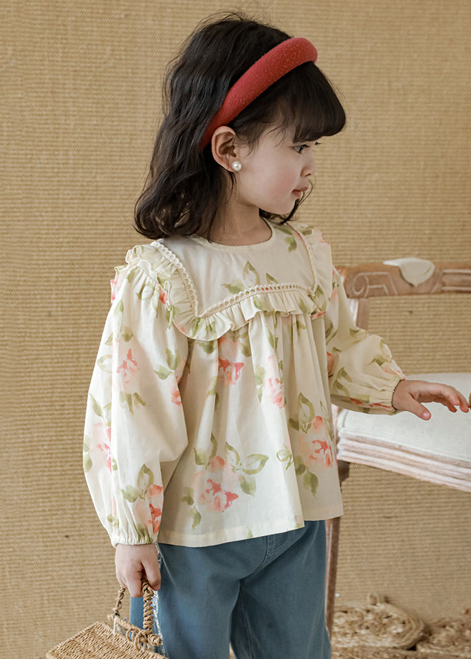 New Apricot Ruffled Print Cotton Top Long Sleeve