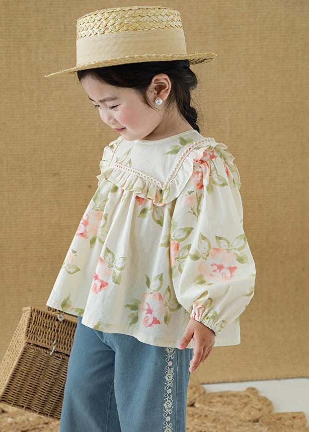 New Apricot Ruffled Print Cotton Top Long Sleeve