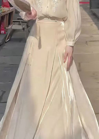 New Apricot Side Open High Waist Patchwork Silk Skirts Fall
