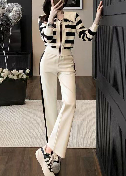 New Apricot Striped Zip Up Tops and Crop Pants Cotton Two Pieces Set Spring