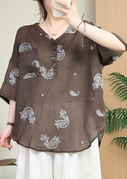 New Apricot V Neck Embroidered Linen Shirts Top Summer