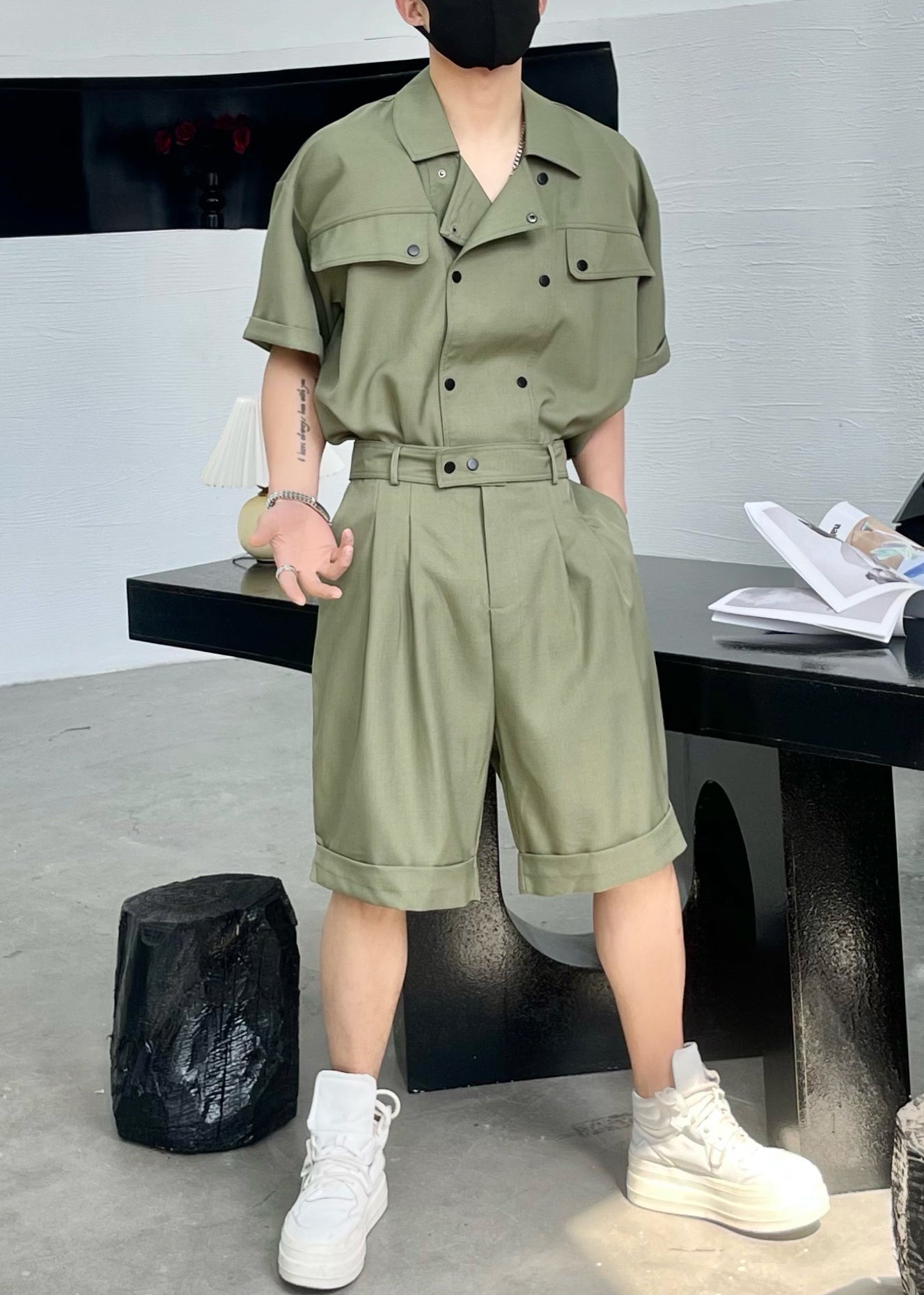 New Army Green Button Shirts and Shorts Cotton Two Pieces Set Summer