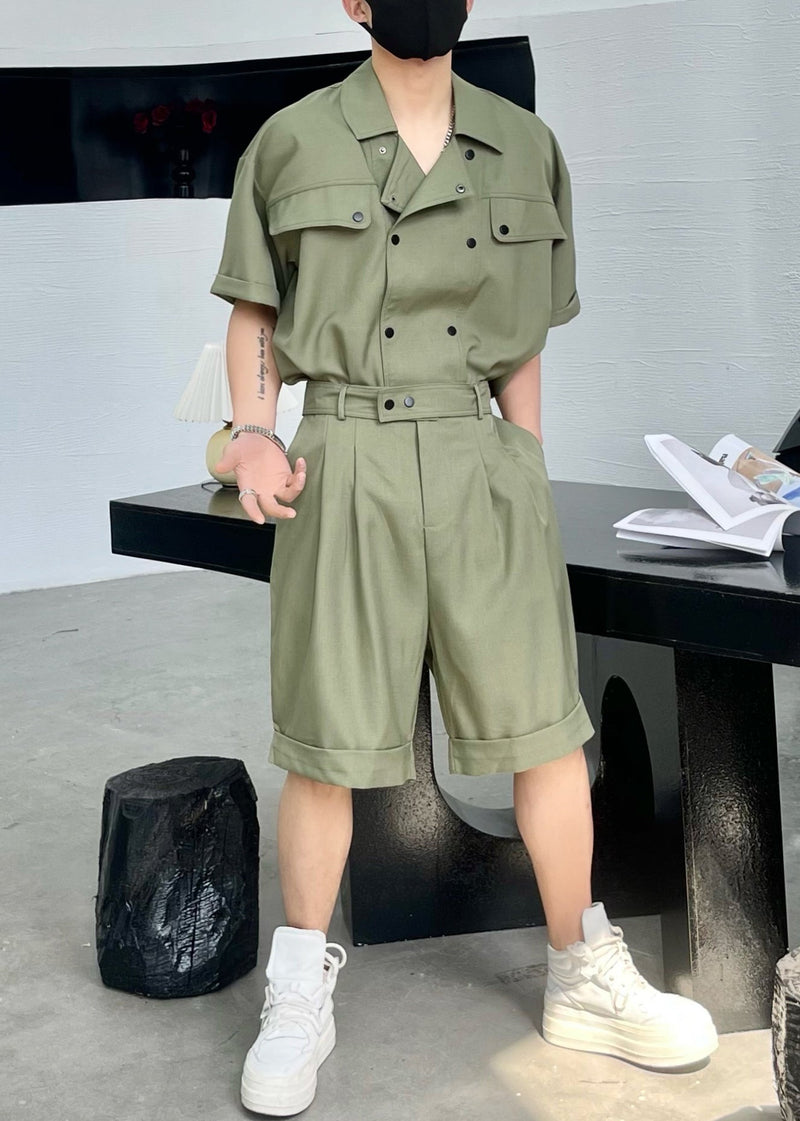 New Army Green Button Shirts and Shorts Cotton Two Pieces Set Summer