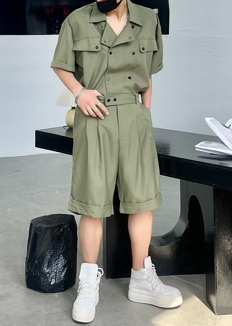 New Army Green Button Shirts and Shorts Cotton Two Pieces Set Summer