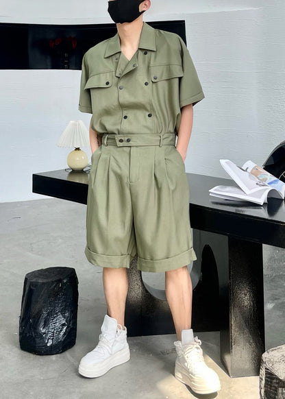 New Army Green Button Shirts and Shorts Cotton Two Pieces Set Summer