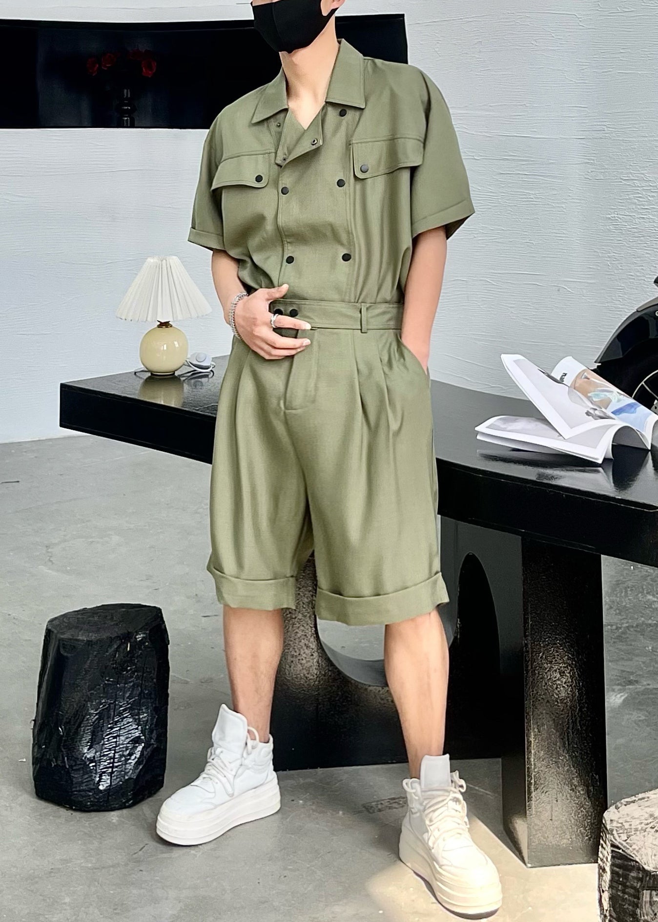 New Army Green Button Shirts and Shorts Cotton Two Pieces Set Summer