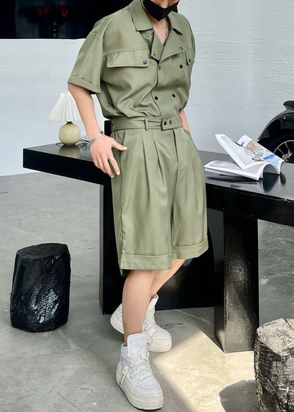 New Army Green Button Shirts and Shorts Cotton Two Pieces Set Summer