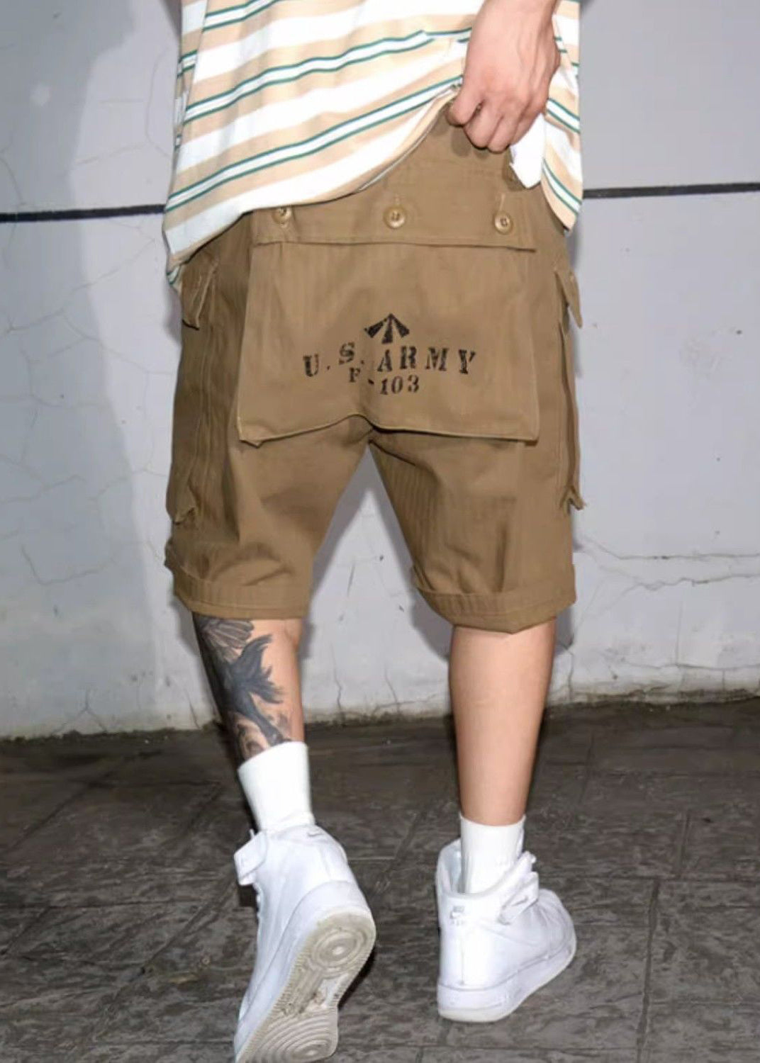 New Army Green Print Pockets High Waist Cotton Shorts Summer