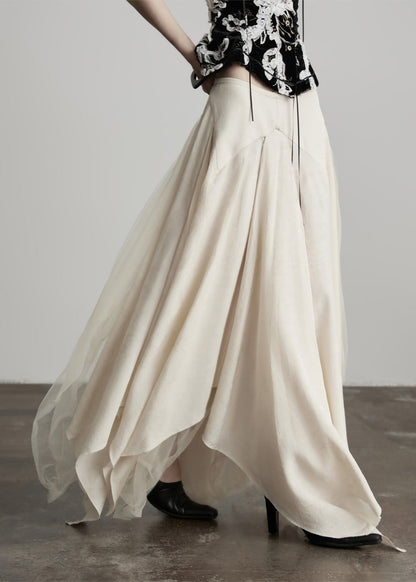 New Beige Asymmetrical Tulle Patchwork Linen Silk Skirt Spring