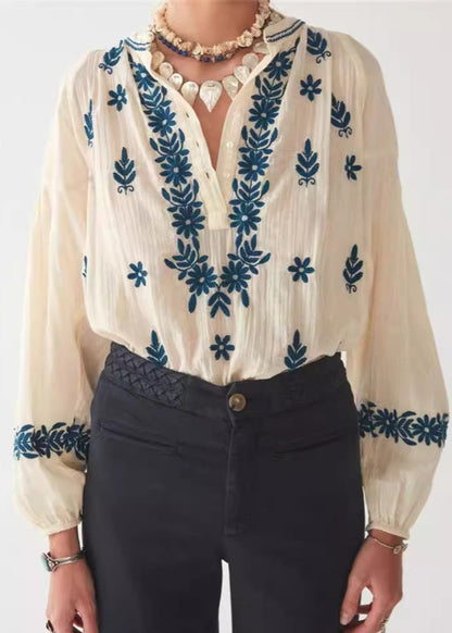 New Beige Embroidered Puff Sleeve Cotton Shirt Top
