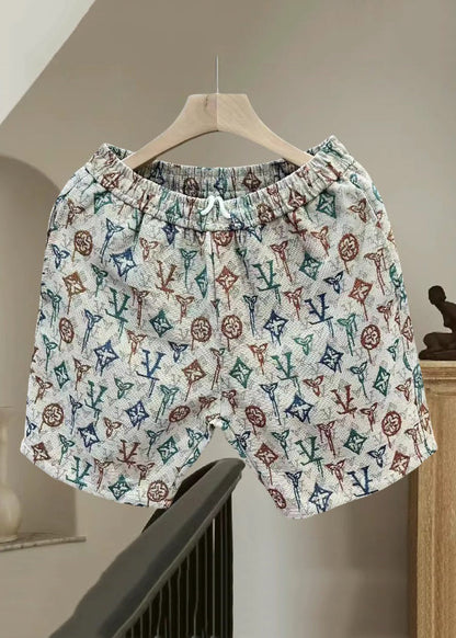 New Beige Letter Elastic Waist Cotton Pants Summer Shorts