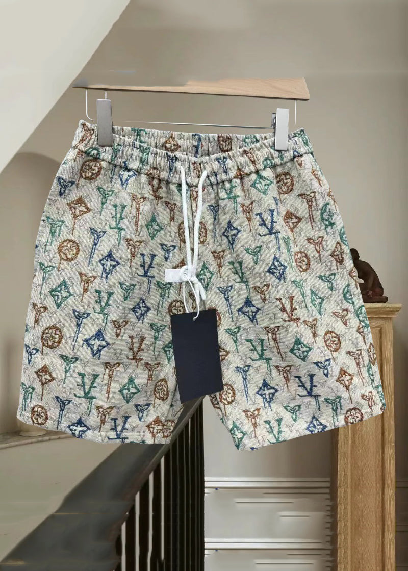New Beige Letter Elastic Waist Cotton Pants Summer Shorts