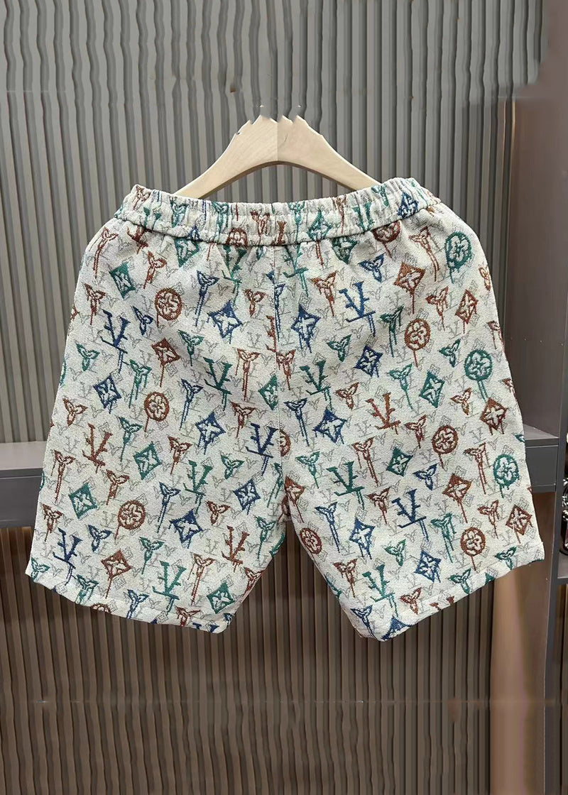 New Beige Letter Elastic Waist Cotton Pants Summer Shorts