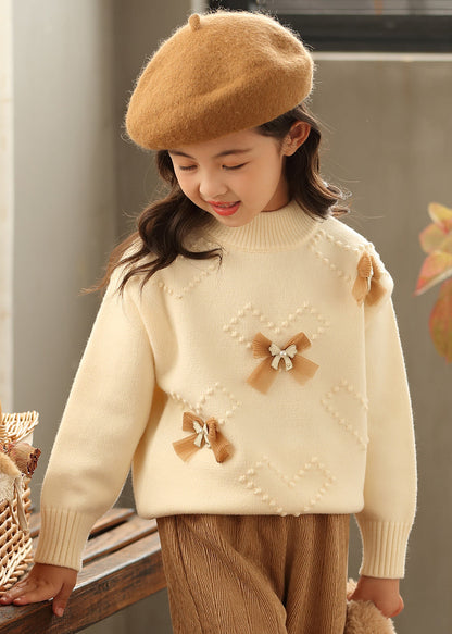 New Beige O-neck Bow Pearl Cotton Knit Kids Sweaters Spring