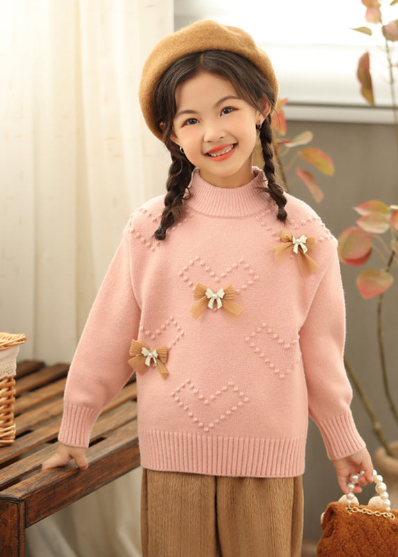 New Beige O-neck Bow Pearl Cotton Knit Kids Sweaters Spring