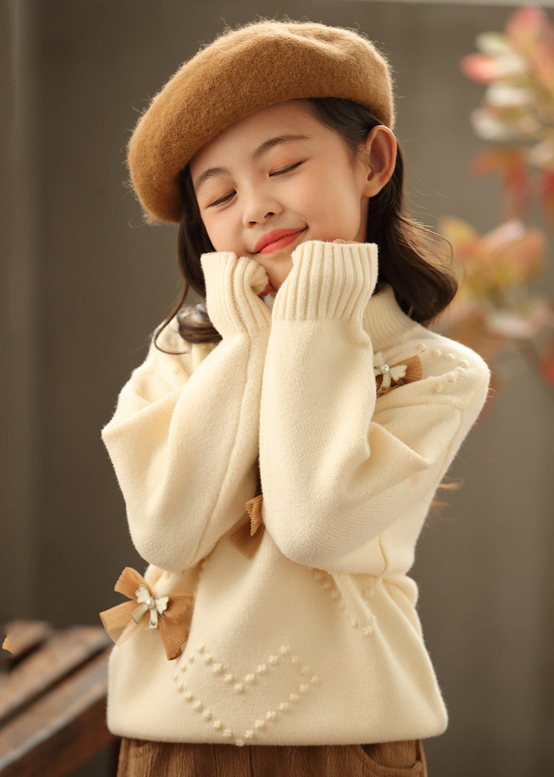 New Beige O-neck Bow Pearl Cotton Knit Kids Sweaters Spring