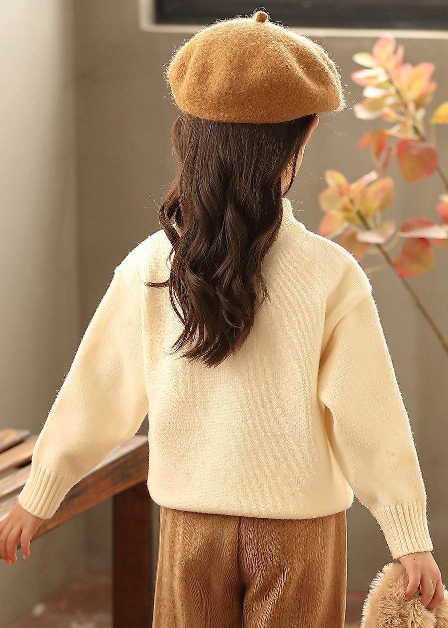 New Beige O-neck Bow Pearl Cotton Knit Kids Sweaters Spring