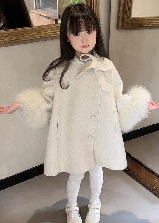 New Beige O-neck Patchwork Bow Woolen Long Coats Spring