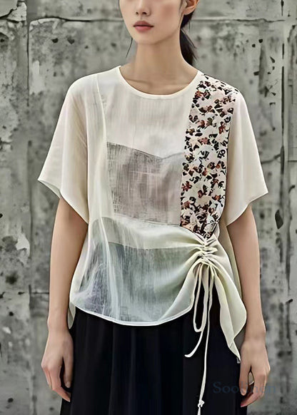 New Beige O-neck Print Lace Up Cotton Shirt Short Sleeve